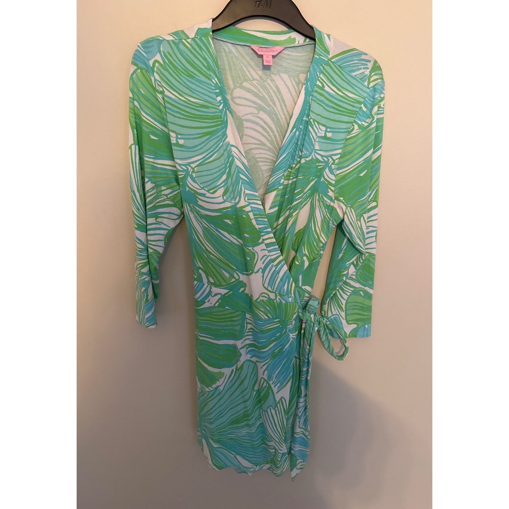 Lilly Pulitzer XL Green Blue Tropical Palm Wrap Romper 3/4 Sleeve Jersey Knit